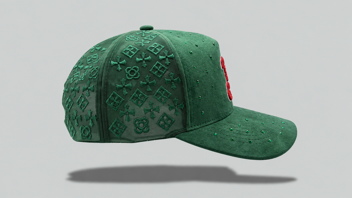 Green Jeweled Hat With Red B