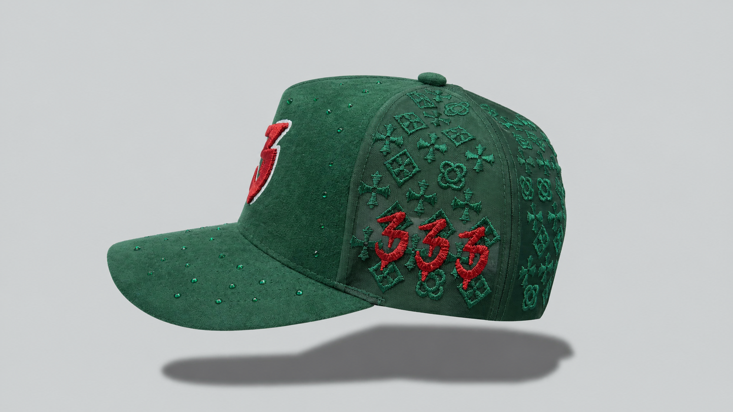 Green Jeweled Hat With Red B